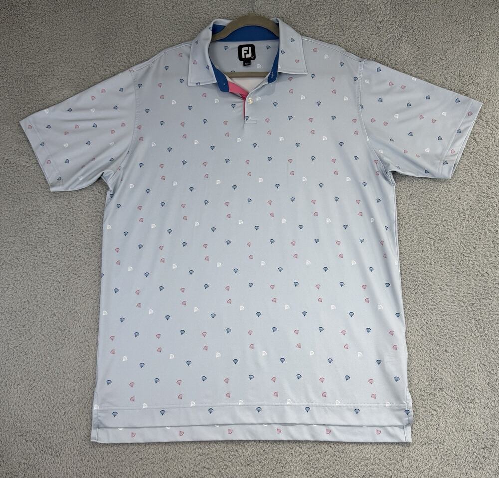 FootJoy Men's SS Golf Polo Shirt Hand Fan Print Blue/Pink/White, Size Large